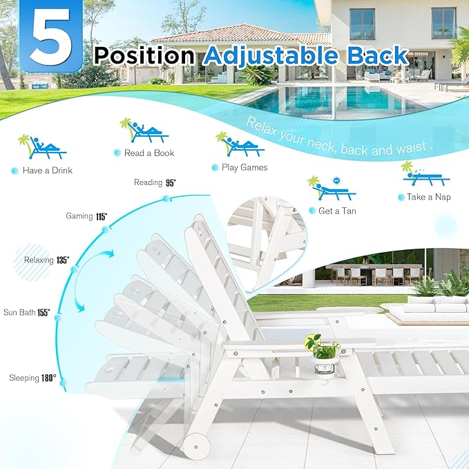 nalone Outdoor Chaise Lounge Chair Set of 2 with Wheels & Cup Holder, HDPE Pool Lounge Chairs with 5-Position Adjustable Backrest Supports Up to 400 LBS for Patio Poolside Deck Beach Backyard (White)