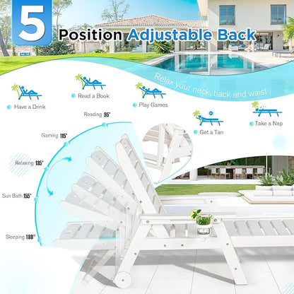 nalone HDPE Chaise Lounge Chair Outdoor with Wheels & Cup Holder, Pool Lounge Chairs with 5-Position Adjustable Backrest, Supports Up to 400 LBS for Patio Poolside Deck Beach Backyard (White)