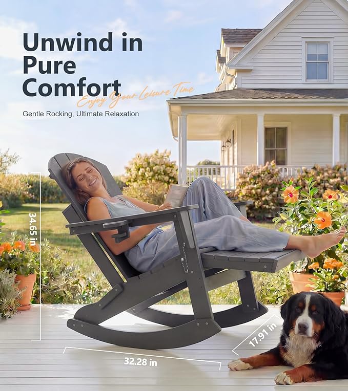 PASAMIC Adirondack Rocking Chairs Set of 2, Foldable All-Weather HDPE Patio Rockers with Retractable Ottoman & Cup Holder, Outdoor Chairs for Porch Backyard Pool Garden Balcony, Gray