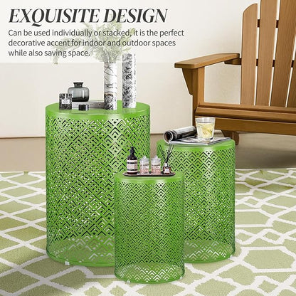 Outvita Outdoor Nesting Tables Set of 3, Heavy Duty Metal Frame Accent Modern End Table, Portable Side Table for Indoor, Outdoor, Living Room, Meander Pattern - Green