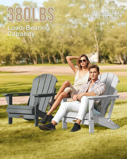 Folding Adirondack Chair Wood Texture, Patio Chairs Weather Resistant, Outdoor Chair, Lawn Chair with Cup Holder, Fire Pit Chair for Deck, Outdoor, Porch, Backyard (White)