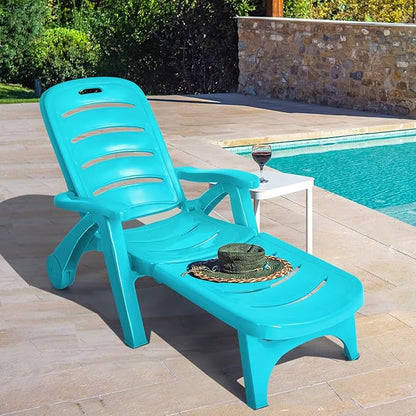 Moccha Folding Chaise Lounge Chair - Plastic Patio Lounger w/ 2 Rolling Wheels, 5-Adjustable Positions, Armrests, Outdoor Lounge Recliner for Poolside Yard Garden Sunbathing Beach Chair (1, Turquoise)