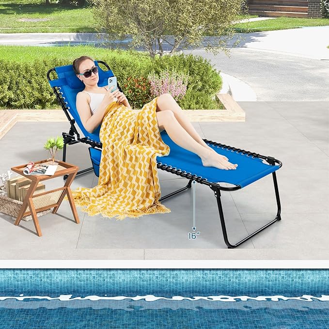 Goplus Chaise Lounge Chair, Outdoor Folding 5-Postion Beach Lounge Chair with Detachable Pillow, Side Pocket, Adjustable Tanning Chair for Patio Lawn Pool Yard