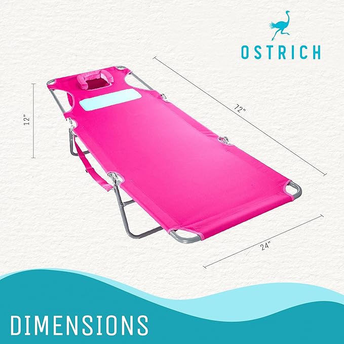 Ostrich Comfort Lounger Face Down Sunbathing Chaise Lounge Beach Chair with 3-Position Folding for Outdoor Camping, Pool, and Beach, Pink (2 Pack)