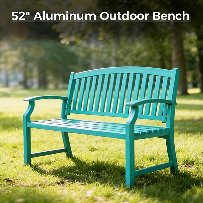 Grand patio 52" Farmhouse Outdoor Bench, Garden Benches with Anti-Rust Aluminum Powder Coated Frame, Faux Wood Grain Finish Frame Patio Bench for Front Porch, Turquoise Blue