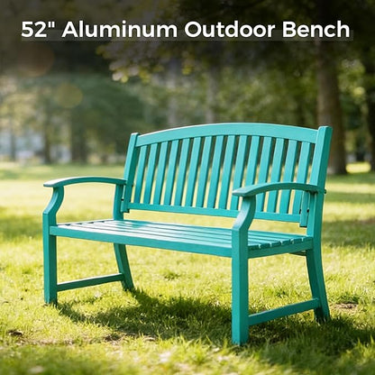 Grand patio 52" Farmhouse Outdoor Bench, Garden Benches with Anti-Rust Aluminum Powder Coated Frame, Faux Wood Grain Finish Frame Patio Bench for Front Porch, Turquoise Blue