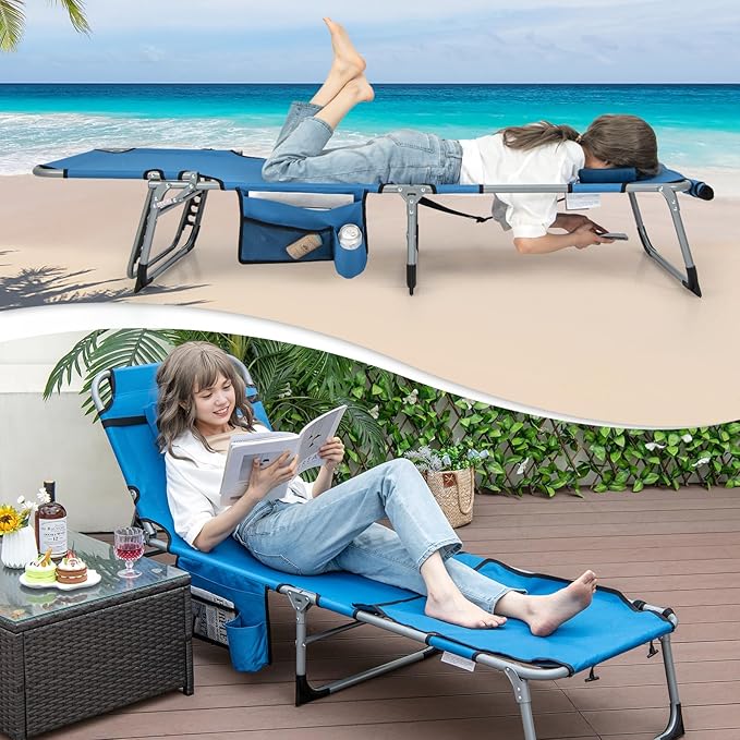 Giantex Tanning Chair, 330Lbs Patio Lounge Chair with 5 Adjustable Position, Face & Arm Hole, Hand/Shoulder Strap, Removable Pillow, Side Pocket, Chaise Lounger for Beach Sunbathing Outdoor, Blue