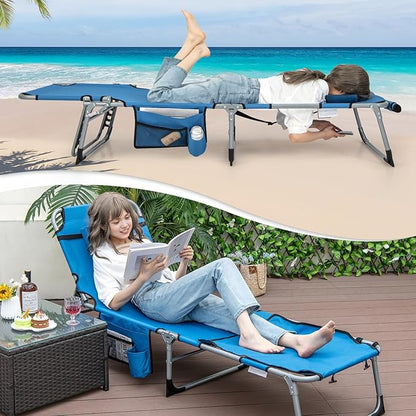 Giantex 2-Pack Tanning Chair with 5 Adjustable Position, Face & Arm Hole, Hand/Shoulder Strap, Removable Pillow, Side Pocket, 330 Lbs Capacity, Lounge Chair Outdoor for Beach, Sunbathing, Blue