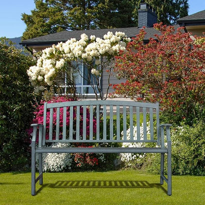 Grand patio 52" Farmhouse Outdoor Bench, Garden Benches with Rust Free Metal Powder Coated Frame and Aluminum Backrest, Faux Wood Grain Finish Frame Patio Bench for Front Porch, Weathered Blue