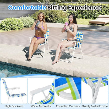 GYMAX Lawn Chair Folding, Webbed Beach Lounge Chairs Set with Highback, Outdoor Portable Lightweight Camping Dinning Chair for Patio, Lawn, Poolside, Sports, Garden, Backyard (6,Blue)