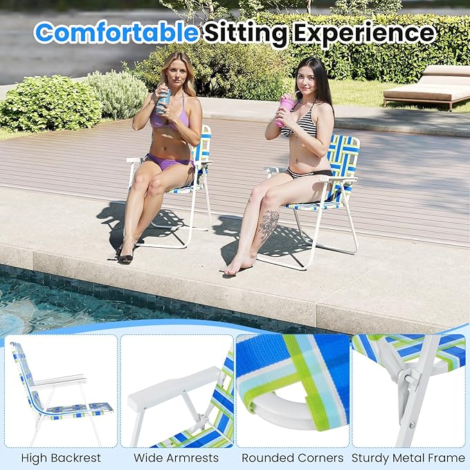 GYMAX Lawn Chair Folding, Webbed Beach Lounge Chairs Set with Highback - Photo 4