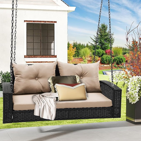 DWVO Hanging Porch Swing Chair Outdoor Wicker Rattan Patio Swing Lounge 2 Seats Cushions Capacity 530lbs for Balcony - Photo 1