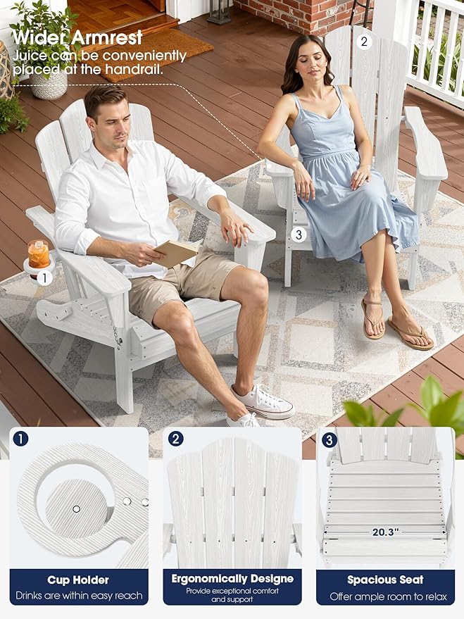 KINGYES Folding Adirondack Chair Set of 2, HDPE All-Weather Folding Adirondack Chair, White - Photo 5