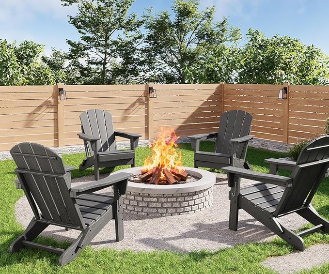 GarveeLife Folding Adirondack Chairs Set of 4, HDPE Plastic Outdoor Chairs with Wood Texture - 380 LBS & Weather Resistant for Fire Pit, Deck, Patio, Pool, Backyard - Gray