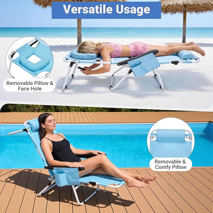 DoCred Heavy Duty Tanning Chair with Face Hole, Adjustable 5-Position Folding Chaise Lounge Chairs for Outside, Portable Lay Flat Beach Lounge Chair for Outdoor Sunbathing Beach Pool Lawn Camping