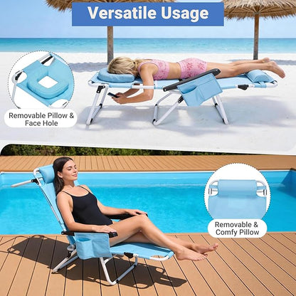 DoCred Heavy Duty Tanning Chair with Face Hole, Adjustable 5-Position Folding Chaise Lounge Chairs for Outside, Portable Lay Flat Beach Lounge Chair for Outdoor Sunbathing Beach Pool Lawn Camping