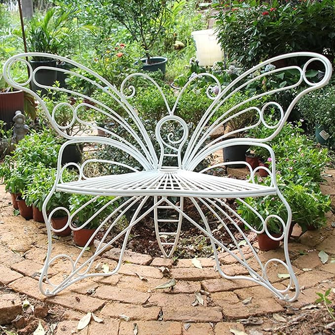 Metal Garden Bench, Outdoor Bench with Backrest, Patio Garden Bench, Hollow Out Leisure Park Bench Chair, Rustic Country Decor for Porch, Lawn(White)