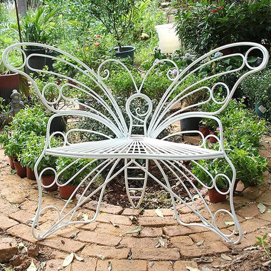 Metal Garden Bench, Outdoor Bench with Backrest, Patio Garden Bench, Hollow Out Leisure Park Bench Chair, Rustic Country Decor for Porch, Lawn(White)