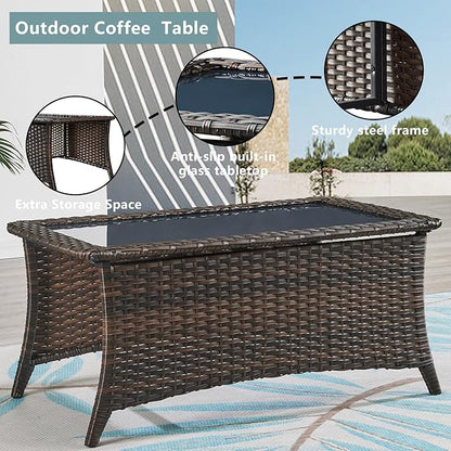 HUMMUH 4 Piece Patio Conversation Furniture Set PE Wicker Rattan Outdoor Loveseat Sofa,Patio Chairs,Coffee Table for Garden,Poolside,Backyard,Deck