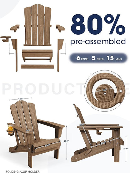 KINGYES Folding Adirondack Chair Set of 8, HDPE All-Weather Patio Chairs with Cup Holder, Wooden Textured Fire Pit Chairs for Poolside, Backyard, Deck, Brown