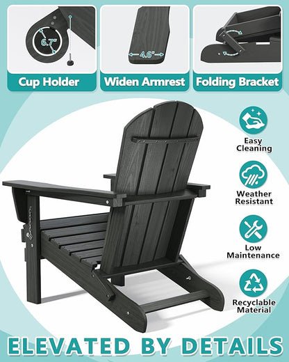 Outdoor Folding Adirondack Chair Set of 1 for Patio Fire Pit, Wooden Textured HDPE Adjustable Chairs with Cup Holder, Waterproof All Weather Resistant Plastic for Pool Lawn Garden Backyard(Gray)