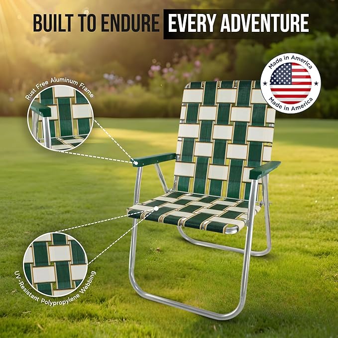 Lawn Chair USA Folding Aluminum Outdoor Patio Lawn Chair | Heavy-Duty Webbed Chairs for Camping, Sports, Beach, Yard & Tailgating | Lightweight Portable | Classic - Blue and White with White Arms