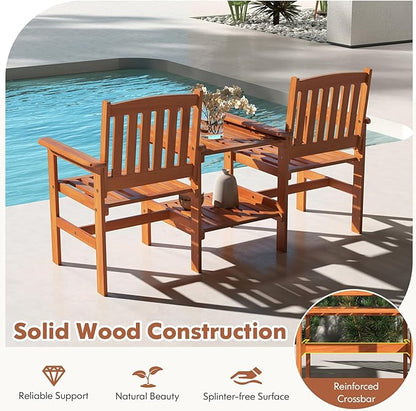 RELAX4LIFE Outdoor Loveseat with Built-in Table - Wood Patio Chairs w/Center Table & Umbrella Hole, 2-Person Garden Bench for Porch Deck Pool Balcony Backyard, 2-Seater Wooden Patio Furniture Set