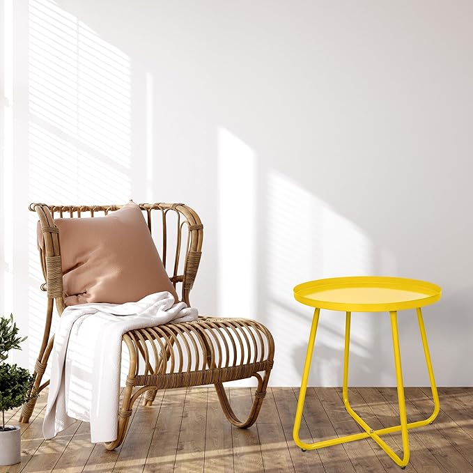 CODIN Set of 2 Outdoor Side Table Outdoor, Metal Side Table Small Round Side Table Weather Resistant End Table Patio Table for Garden Porch Balcony Yard Lawn (2, Yellow)