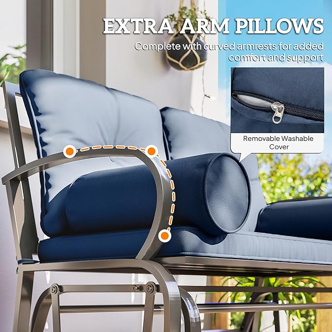 Outsunny Swing Glider Rocking Chair, Double Patio Bench, 2 Person Loveseat with Steel Frame, Cushions, Pillow Armrests, Blue