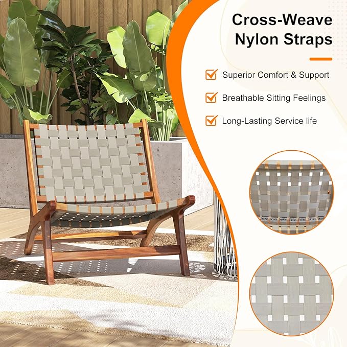Tangkula Patio Teak Wood Chair Set of 4, Outdoor Mid-Century Accent Chair with Nylon Webbing Seat & Back, for Backyard - Photo 7