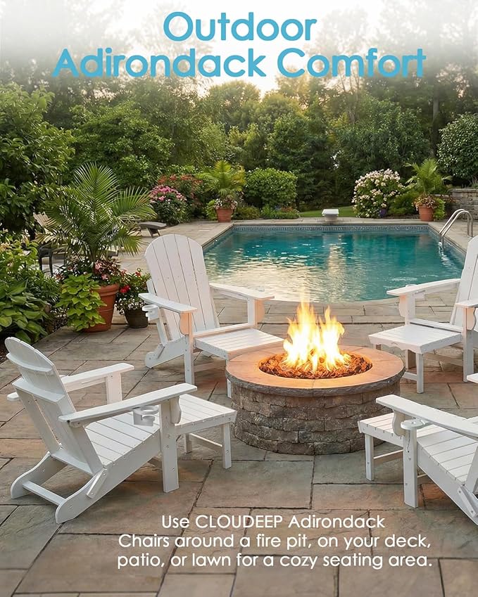 Folding Adirondack Chair with Ottoman, Recyclable HDPE Adirondack Patio Chair with 2 Cup Holder, Outdoor Fire Pit Chairs with Pull Out Footrest, Weather Resistant for Garden, Deck, Poolside, White