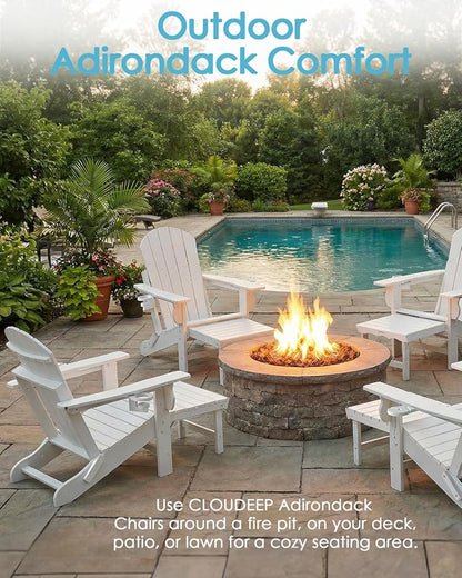 Folding Adirondack Chair with Ottoman, Recyclable HDPE Adirondack Patio Chair with 2 Cup Holder, Outdoor Fire Pit Chairs with Pull Out Footrest, Weather Resistant for Garden, Deck, Poolside, White
