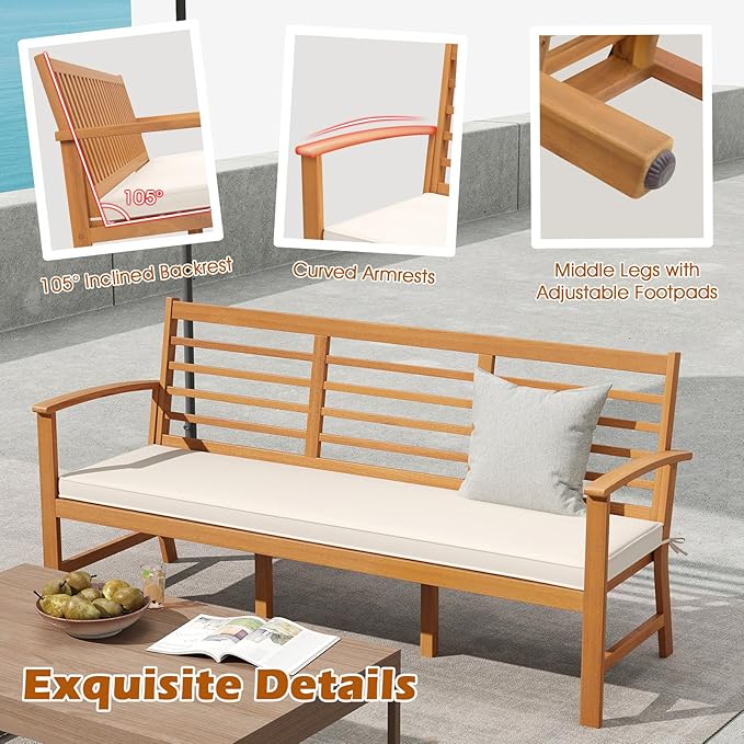RELAX4LIFE 64’’ Outdoor Bench Acacia Wood - 3-Seat Patio Bench w/Slatted Backrest, Armrests & Seat Cushion - Photo 7