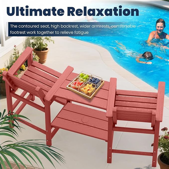 PLUUV Tall Adirondack Chairs Set of 2, All Weather HDPE Poly Bar Height Balcony Adirondack Chair with Removable Double Connecting Trays, Outdoor Adirondack Barstools for Deck, Patio, Yard, Pool, Lawn
