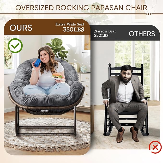 Large Indoor Rocking Chair Set of 2, Oversized Rocking Papasan Chair with Thick Cushion and Frame,Comfy Corduroy Rocker Wicker Egg Chairs Lounge Reading Chair for Living Room, Bedroom,Charcoal Grey