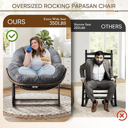Large Indoor Rocking Chair Set of 2, Oversized Rocking Papasan Chair with Thick Cushion and Frame,Comfy Corduroy Rocker Wicker Egg Chairs Lounge Reading Chair for Living Room, Bedroom,Charcoal Grey