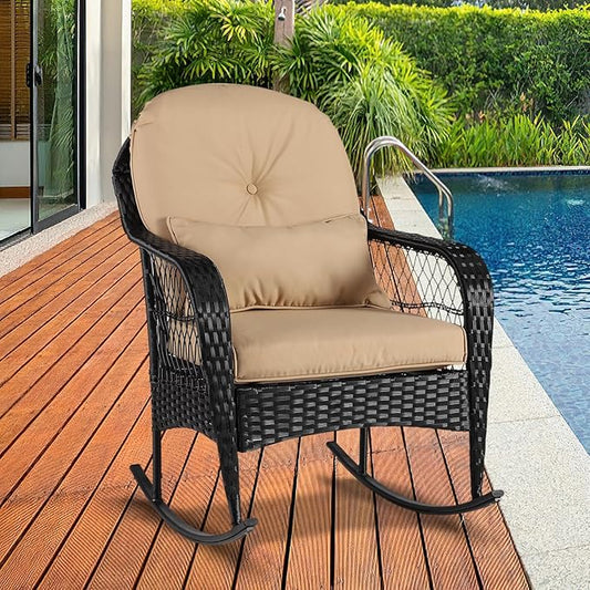Outdoor Wicker Rocking Chair, All Weather PE Rattan Rocker with Cushion & Pillow, Outdoor Rocking Furniture for Garden, Porch, Backyard, Poolside (Black Rattan+Khaki Cushion)