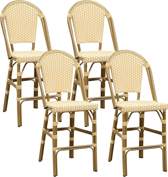PURPLE LEAF French Counter Height Bar Stool Set of 4 25" Bamboo Print Finish Patio Bar Chairs with Back Rattan Bar - Photo 1