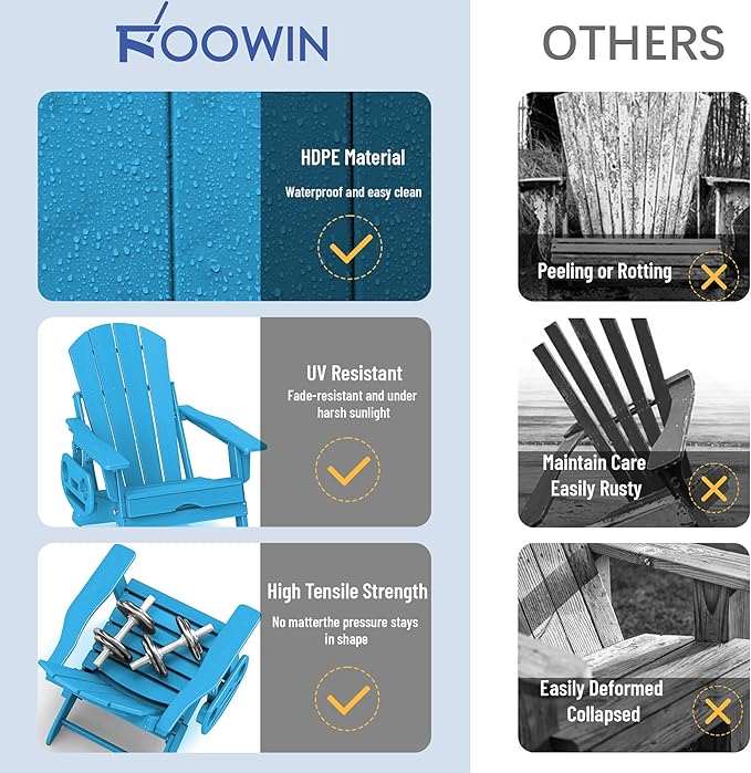 FOOWIN Adirondack Chair with Retractable Ottoman,HDPE Folding Adjustable Adirondack Chair w/4 in 1 Cup Holder Trays,All-Weather Resistant Fire Pit Chair for Outdoor Patio Lawn Set of 6
