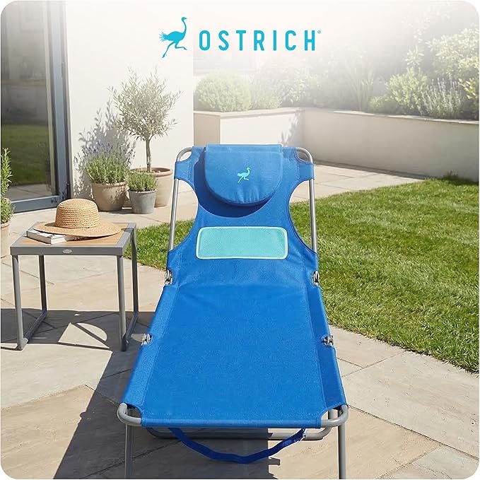 Ostrich the Ladies Comfort Lounger with Chest Support, Foldable and Portable Reclining Outdoor Patio Beach Lawn Camping Pool Tanning Chair, Ocean Blue