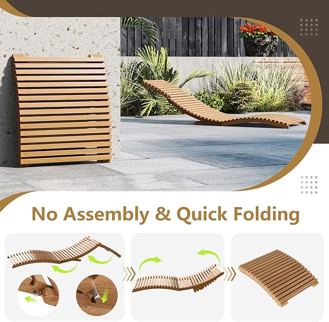 Tangkula Patio Folding Wooden Lounge Chairs, Teak Wood Pool Chairs with Slatted Seat, Outdoor Portable Low-Profile Sun Lounger for Poolside, Backyard, Porch, Beach (2)