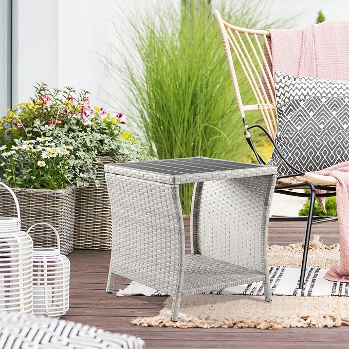 Outdoor Side Table for Patio Small Rattan Wicker Coffee Table Balcony Table Outside End Table with Poly Lumber Table Top & Storage Bistro Table for Garden Porch Deck Living Room Backyard Grey