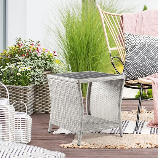 Outdoor Side Table for Patio Small Rattan Wicker Coffee Table Balcony Table Outside End Table with Poly Lumber Table Top & Storage Bistro Table for Garden Porch Deck Living Room Backyard Grey