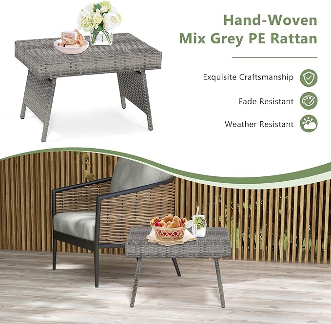 LDAILY Outdoor Side Table, Portable Wicker Coffee Table with Rattan and Steel Frame - Photo 7