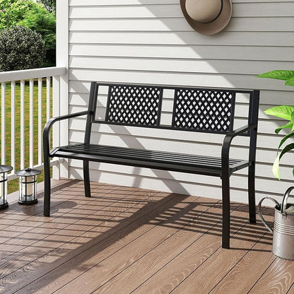 Giantex Metal Outdoor Bench with Mesh Pattern Backrest, Curved Armrests, 660Lbs Capacity, Slatted Seat for 2-3 Persons, Patio Bench for Yard, Poolside, Porch, Park, Garden (50"×23"×32",Black)