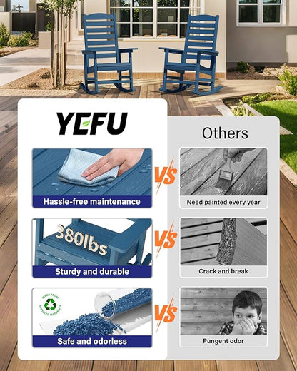 YEFU Outdoor Rocking Chair Set of 2,Poly Porch Rocker with Curved Backrest,All Weather Patio Rocking Chair,Like Real Wood,for Indoor,Lawn, Backyard,Garden,Heavy Duty,Weight Capacity 380lbs(Navy Blue)