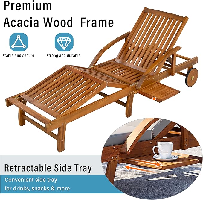 Acacia Wood Outdoor Patio Chaise Lounge, All Weather Reclining Lounge Chairs with Adjustable Backrest& Leg Rest, 2 Wheels, Headrest, Retractable Side Tray for Poolside Garden Beach (Gray-3.17)