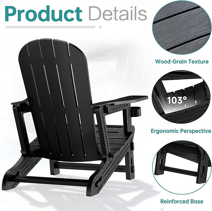 Shintenchi Adirondack Chairs Set of 2,HDPE Adirondack Chairs w/Removable Tablelop & Umbrella Hole,All-Weather Wooden Textured Plastic Outdoor Chairs w/Cup Holders for Garden Backyard Pool,Black