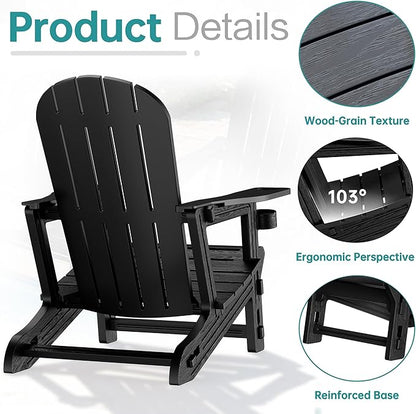 Shintenchi Adirondack Chairs Set of 2,HDPE Adirondack Chairs w/Removable Tablelop & Umbrella Hole,All-Weather Wooden Textured Plastic Outdoor Chairs w/Cup Holders for Garden Backyard Pool,Black