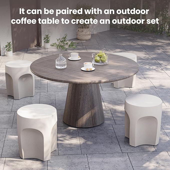 SUNBURY Outdoor Side Tables Set of 2, Concrete Accent End Table, Indoor Small Round Patio End Plant Stands Outside, Garden Stools for Yard, Arch Shape Spotted White